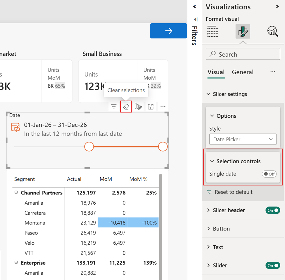 The updated Power BI slicer date picker